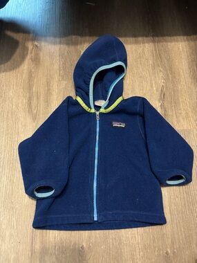 Patagonia Navy Blue Fleece Hoodie with Light Blue Trim